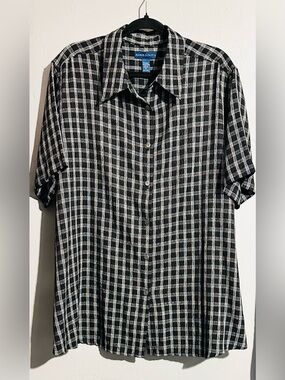 Karen Scott Black and White Gingham Plaid Short Sleeve Button-Up Shirt, 3X